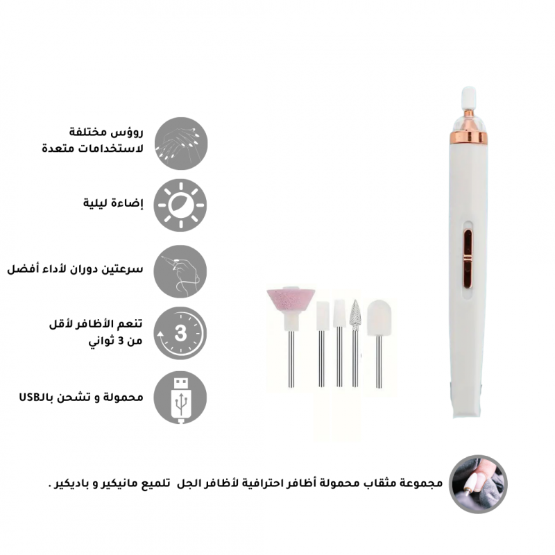 10152024163944670e70a0d9310.png مبرد اظافر كهربائي،لاسلكي 4 سرعات ، يحتوي على 5 رؤوس مع اضاءة LED مناسب للبديكير والمناكير مع منفذ USB قابل للشحن - ابيض - الصورة 1